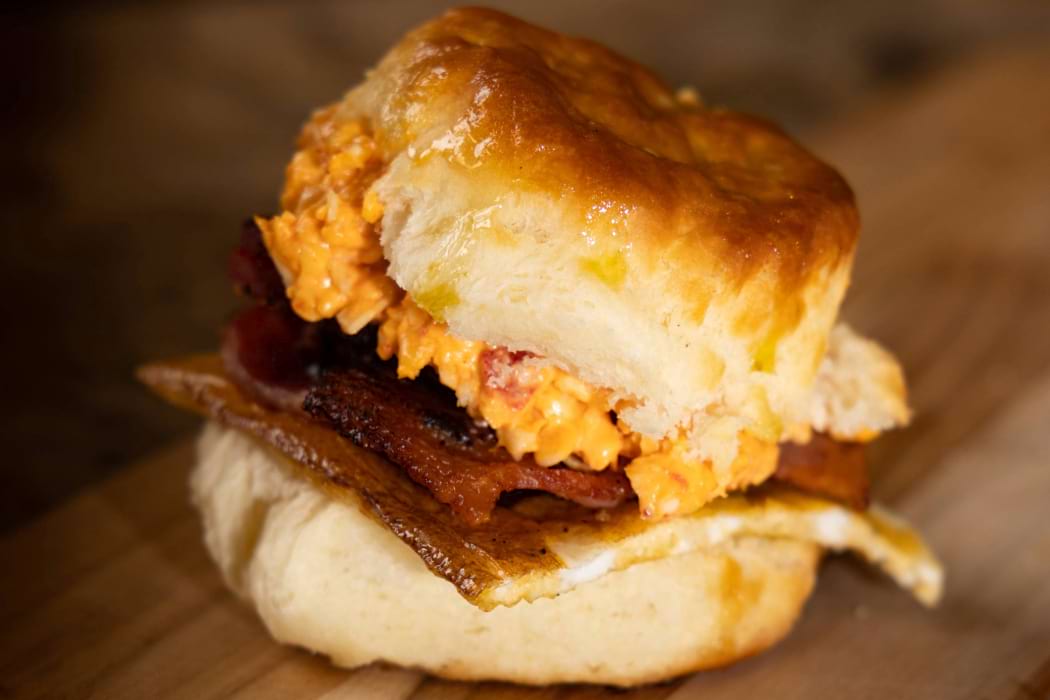Breakfast Sandwich with Knott's pimiento cheese, bacon, and egg