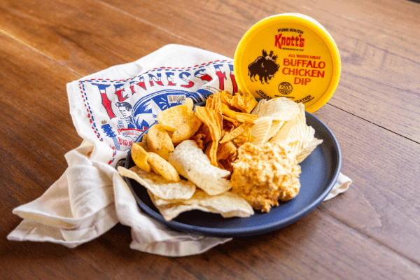 buffalo chicken dip with plate of chips