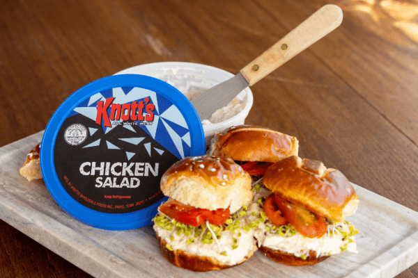 chicken salad on a tray with chicken salad sliders